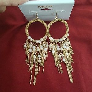 MIXIT boho earrings gold chain & pink beads